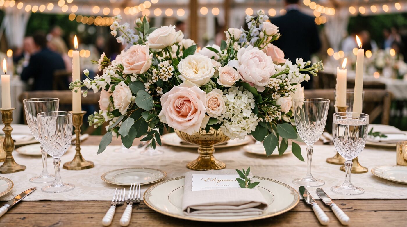 Table de réception de mariage dressée avec centre de table floral, bougies et vaisselle dorée