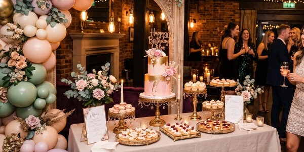 Buffet de desserts et arche de ballons pastel pour une réception privée