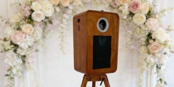 Photo booth en bois installé devant une arche de fleurs blanches et roses