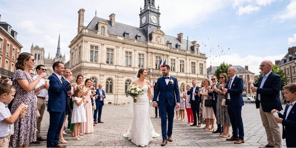 Jeunes mariés acclamés par leurs invités à la sortie de la mairie