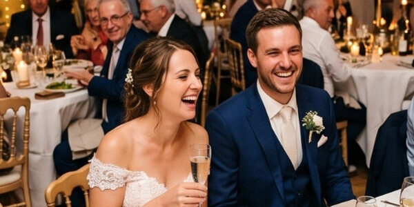 Mariés riant à table pendant le repas de leur réception de mariage