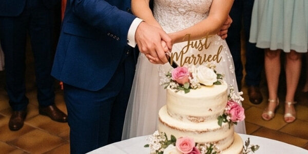 Découpe du gâteau de mariage fleuri surmonté de l'inscription « Just Married »