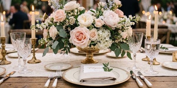 Composition florale et couverts dorés sur une table de réception de mariage