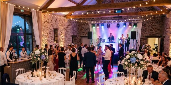 Salle de réception de mariage avec dîner aux chandelles, piste de danse et musique live