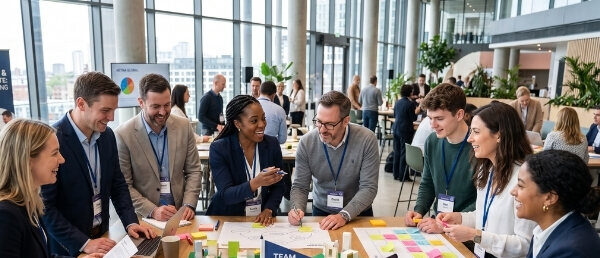 Atelier de team building : participants réunis autour de tables de travail