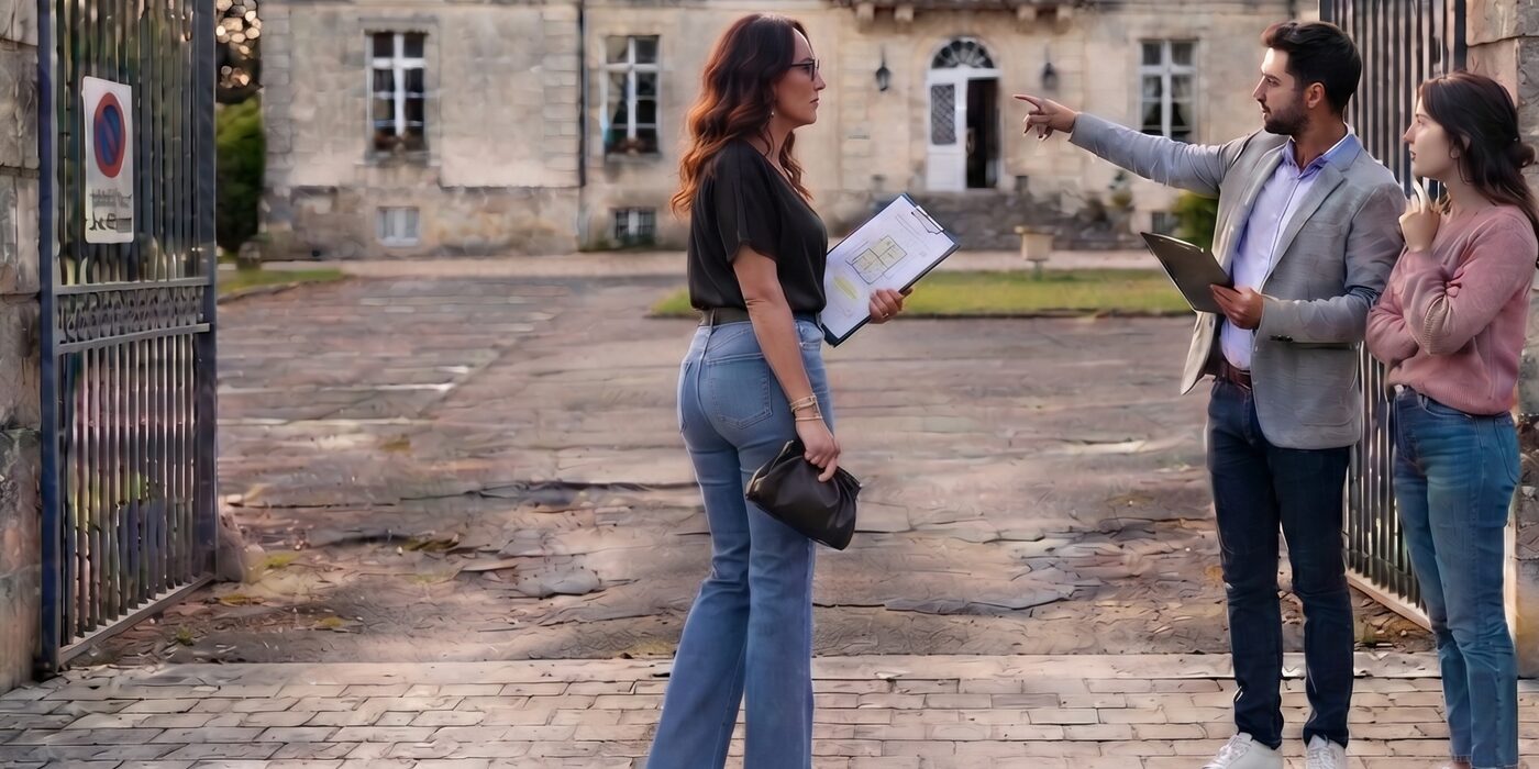 Visite de repérage d'un lieu de mariage avec l'organisatrice et un couple de futurs mariés