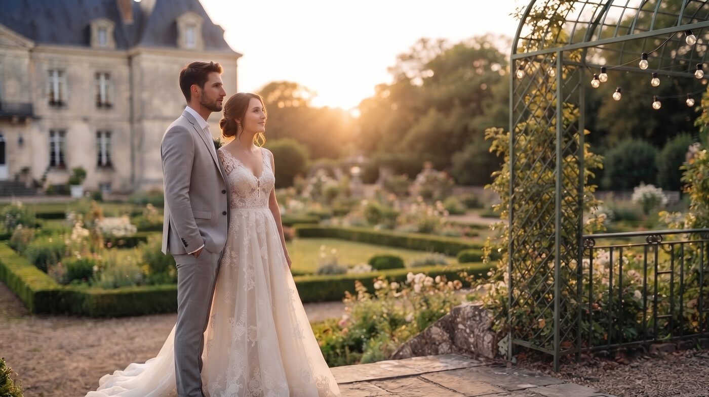Couple de mariés dans le jardin d'un château à l'heure dorée, juste avant le coucher du soleil