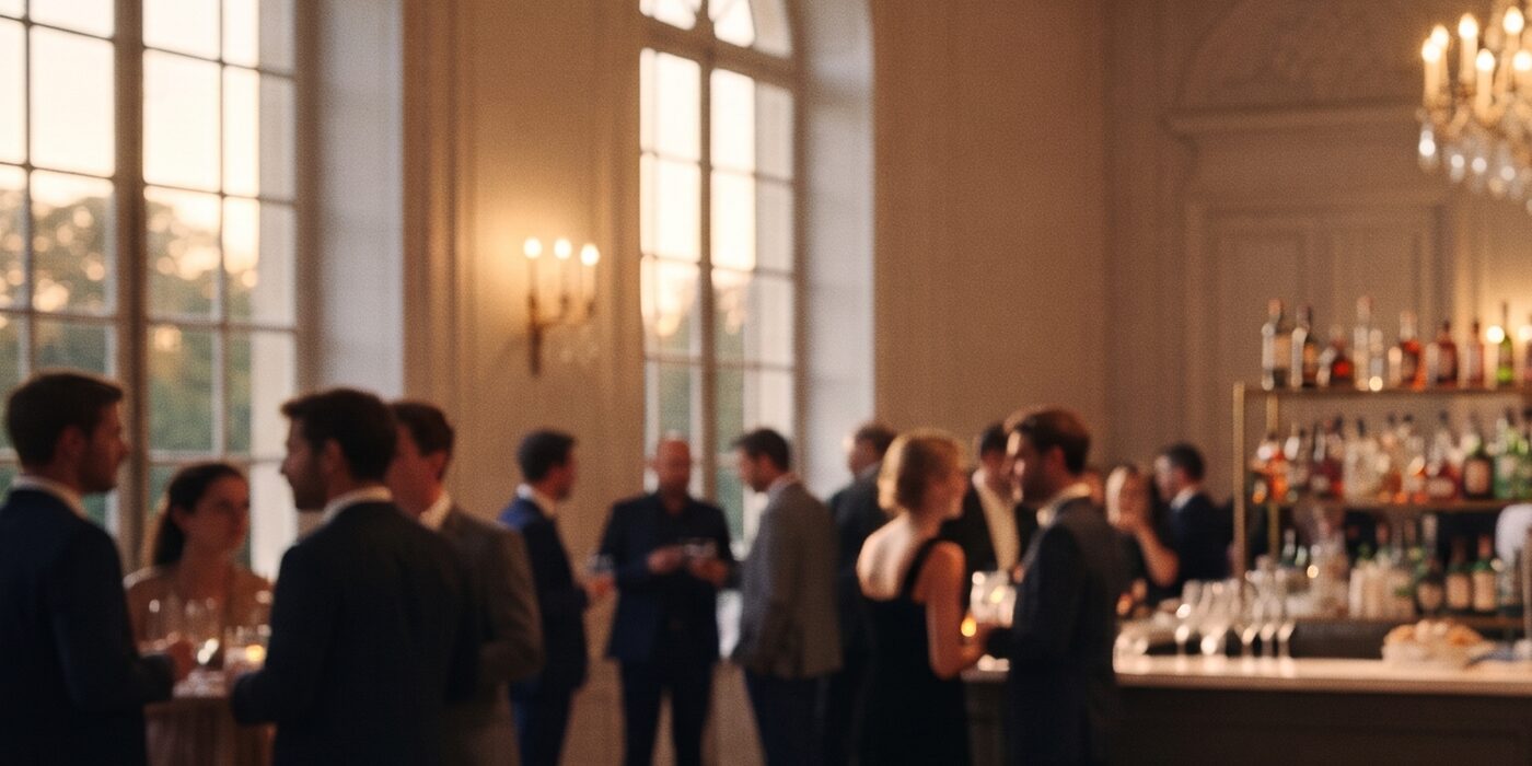 Bar installé au centre de la salle de réception, point de rassemblement naturel des invités