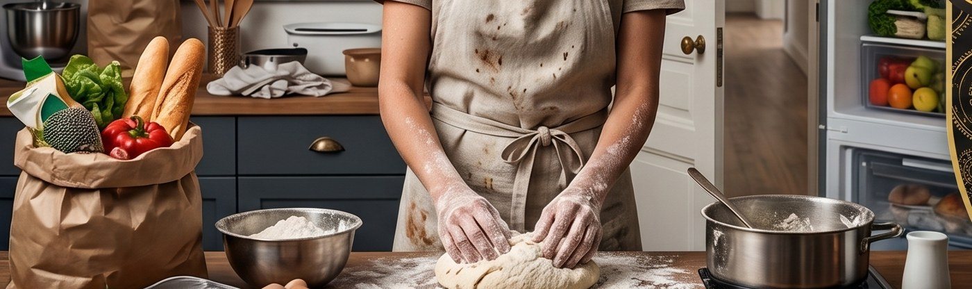 Buffet de fête préparé maison : courses, farine et pâte pétrie à la main dans une cuisine familiale